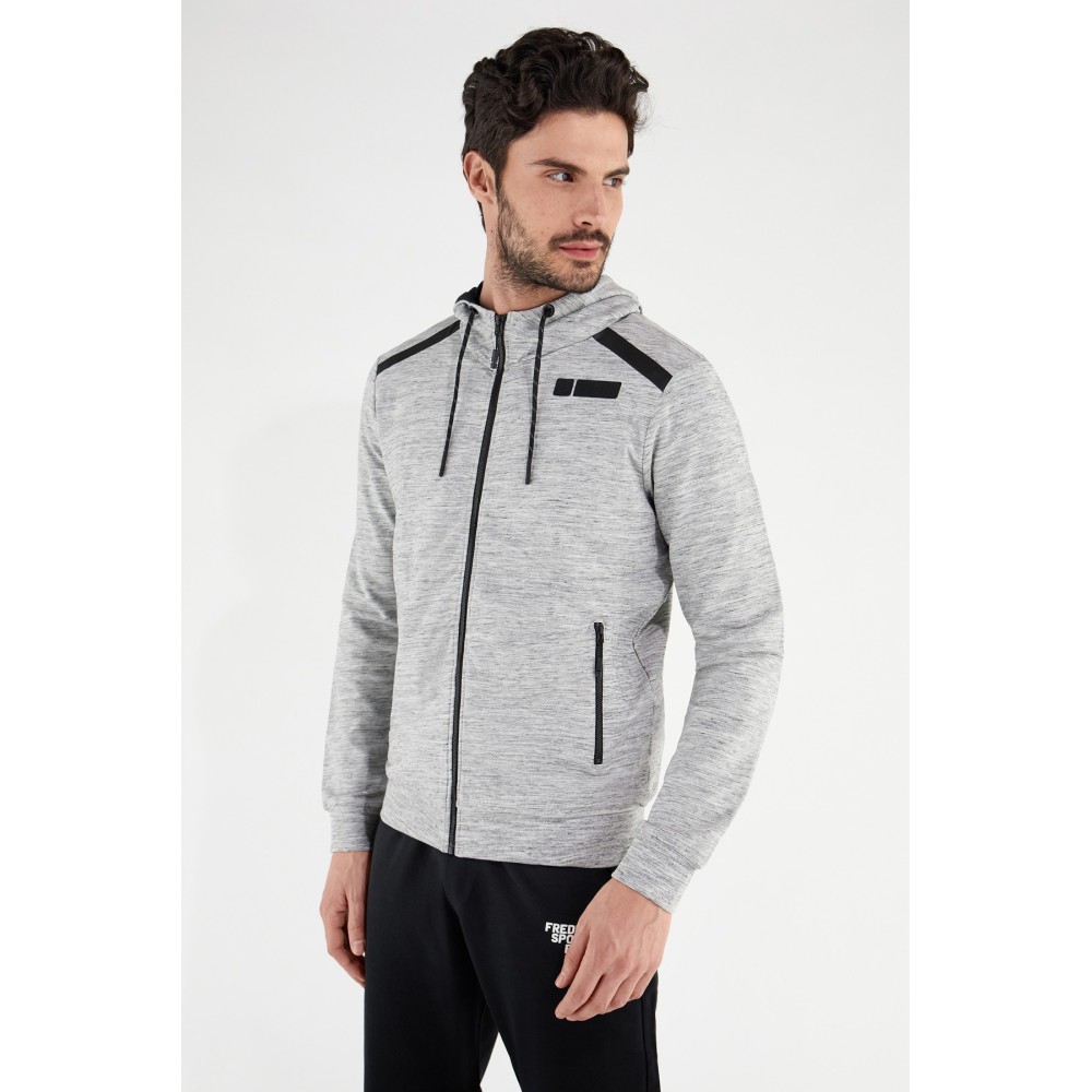 Men's mélange stretch sweatshirt with hood and black details