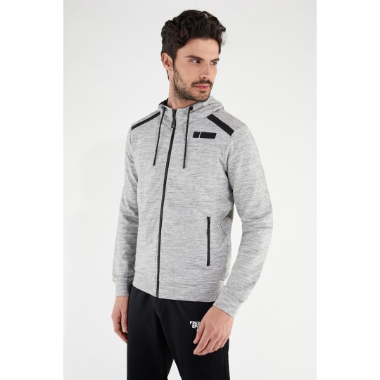 Men's mélange stretch sweatshirt with hood and black details