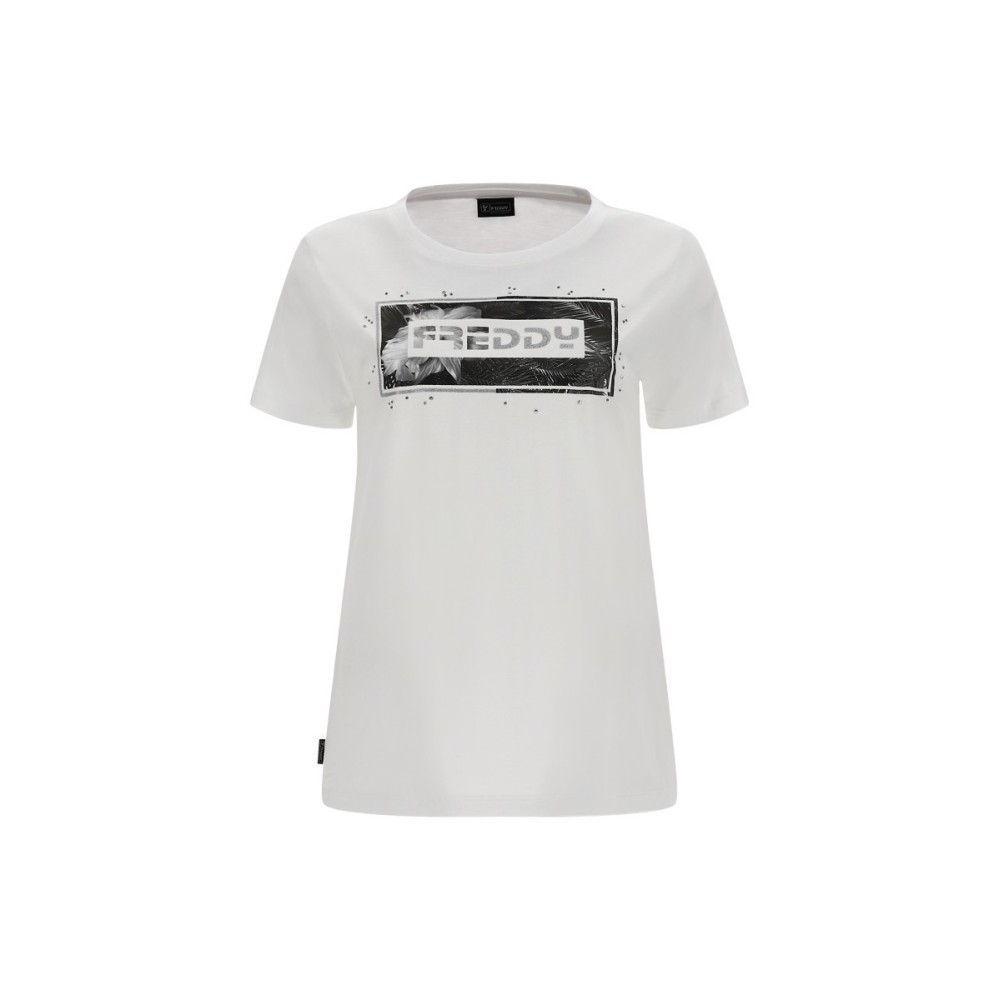 T-shirt con stampa floreale in grigio e strass