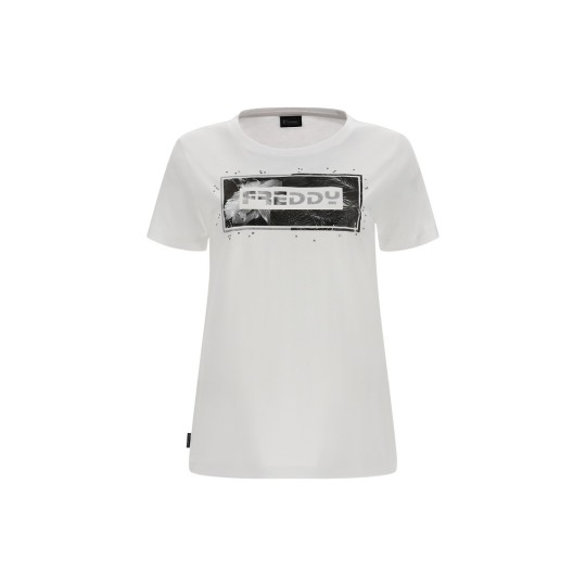 T-shirt con stampa floreale in grigio e strass