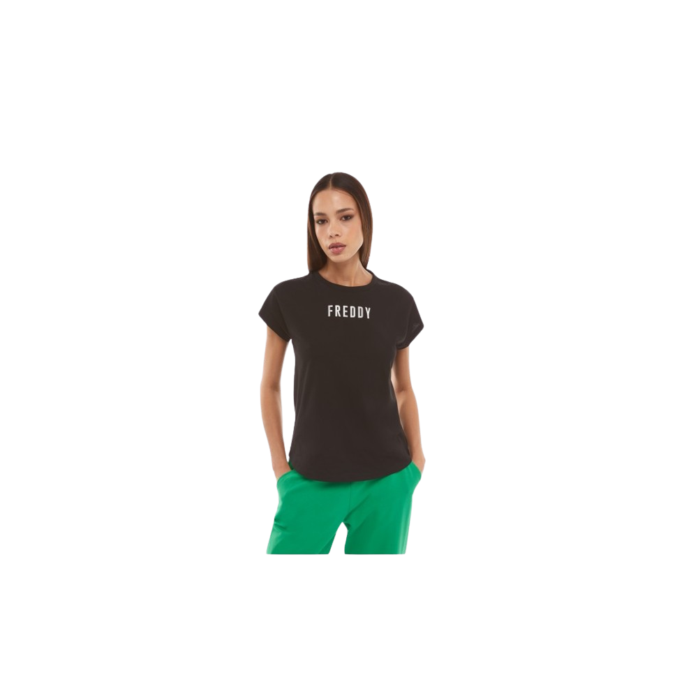 Women's jersey T-shirt with small satin-effect logo