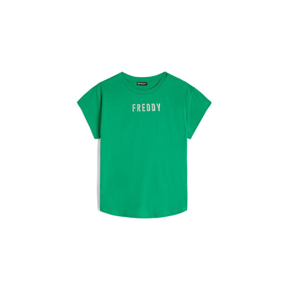 T-shirt donna in jersey con piccolo logo effetto satin