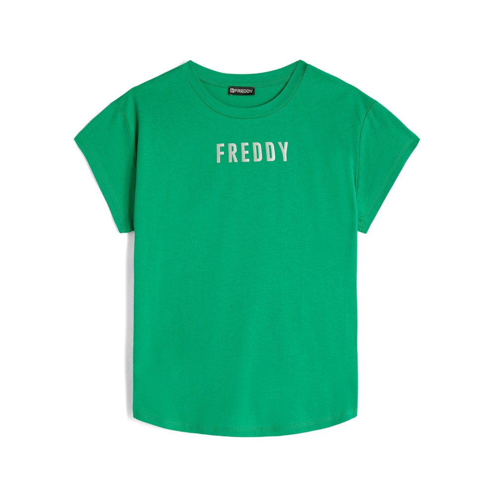 T-shirt donna in jersey con piccolo logo effetto satin