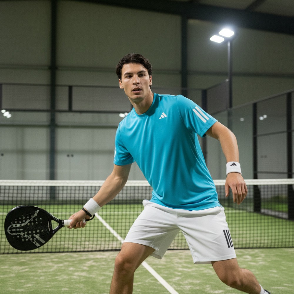 Maglietta Padel Tennis Adidas Club 3 Stripes Celeste