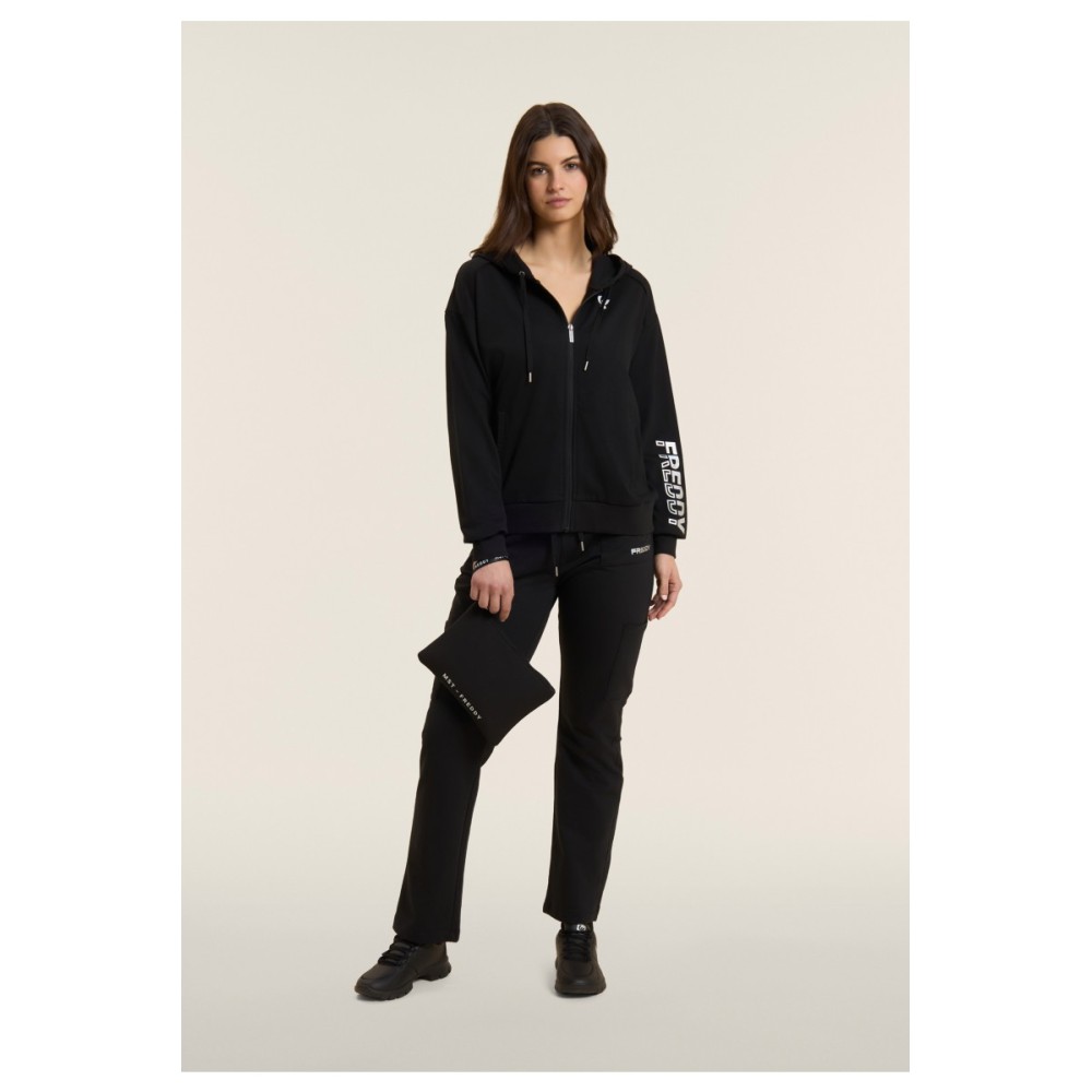 Felpa con zip e cappuccio con logo perlato sulla manica