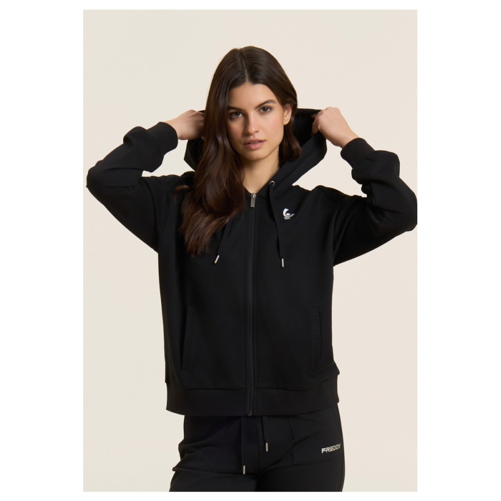 Felpa con zip e cappuccio con logo perlato sulla manica