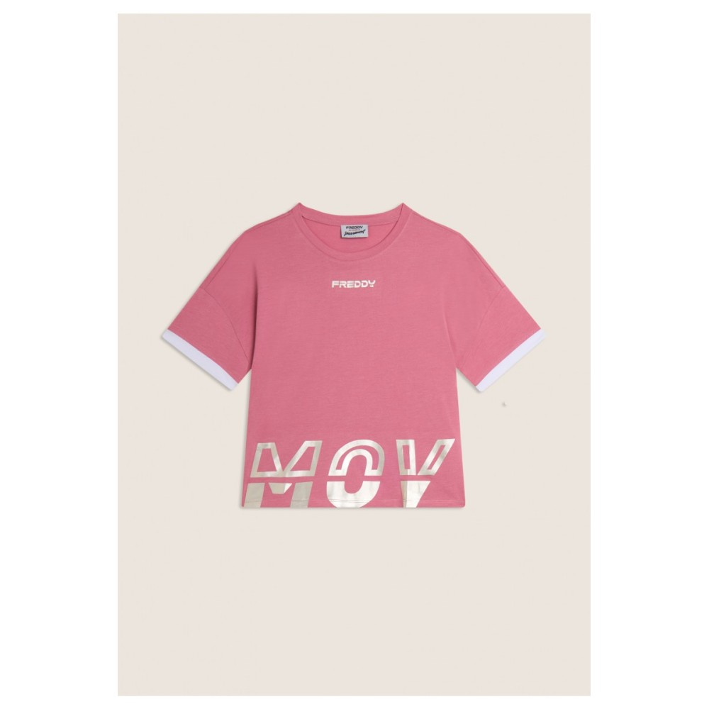 T-shirt con stampa MOV perlata e dettagli a contrasto