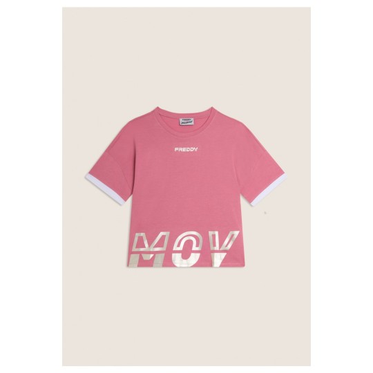T-shirt con stampa MOV perlata e dettagli a contrasto
