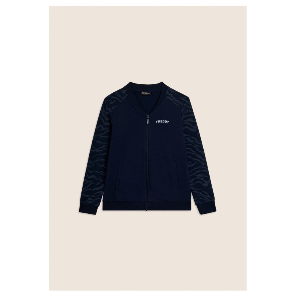 Felpa Zip con Collo Bomber e Motivo Grafico