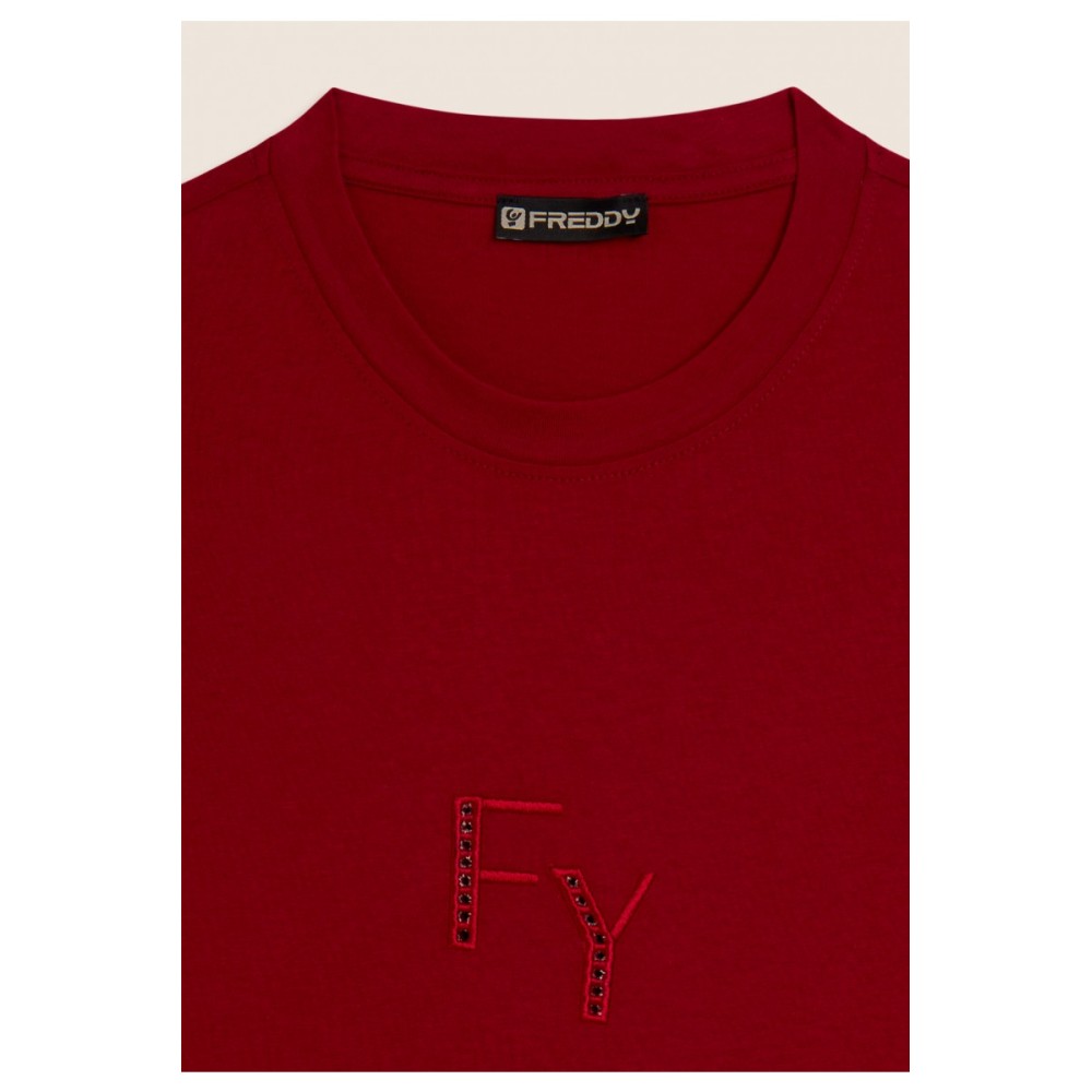 T-shirt Girocollo con Ricamo Traforato del Logo