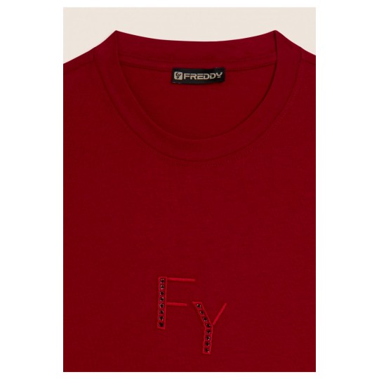 T-shirt Girocollo con Ricamo Traforato del Logo