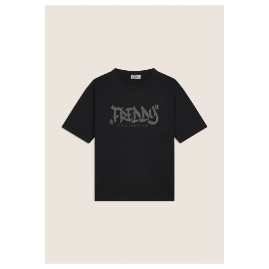 T-shirt con stampa \"FREDDY FEEL THE FLOW\" e borchie