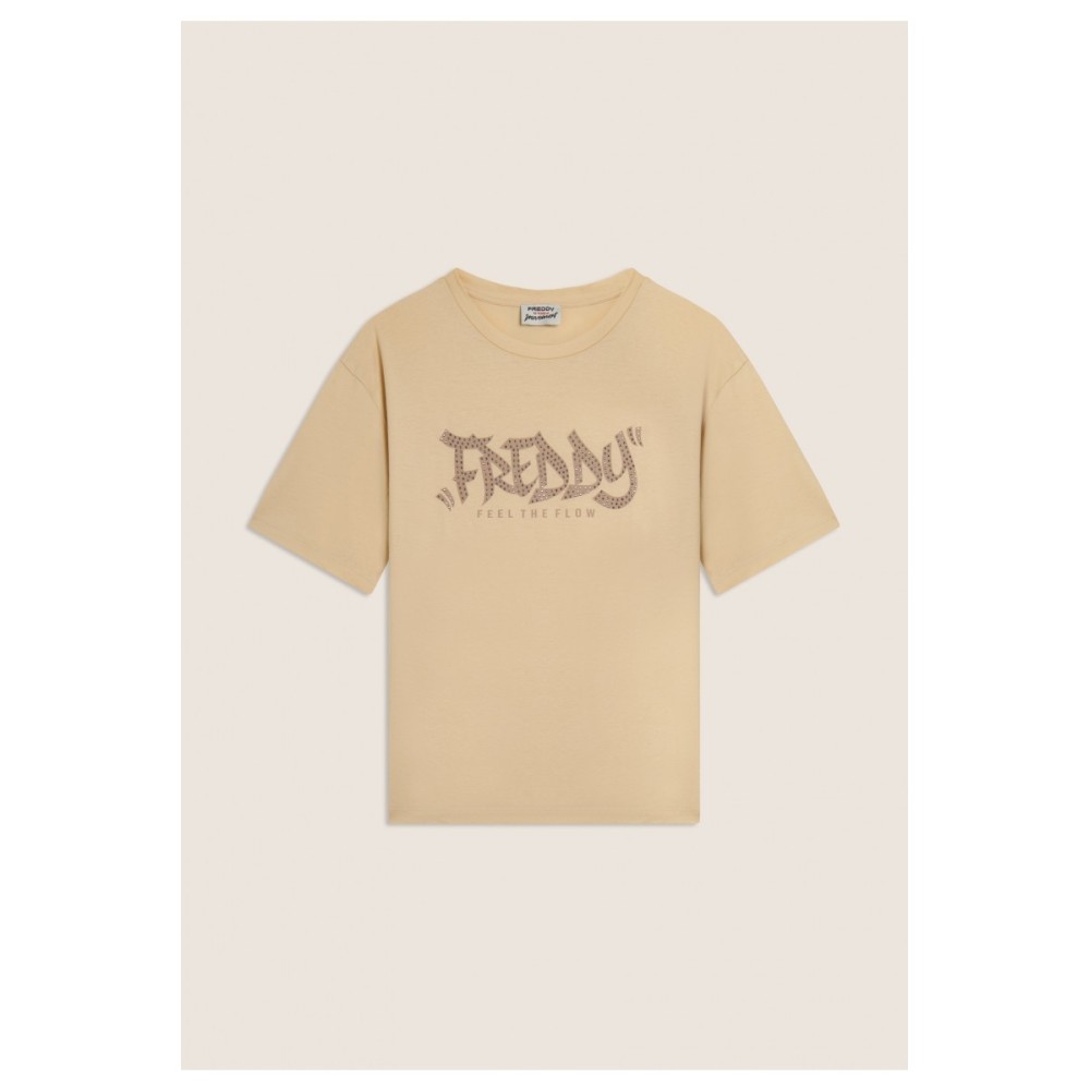T-shirt con stampa \"FREDDY FEEL THE FLOW\" e borchie