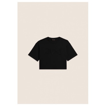 T-shirt Cropped con grafica \"FLOW\" e borchie