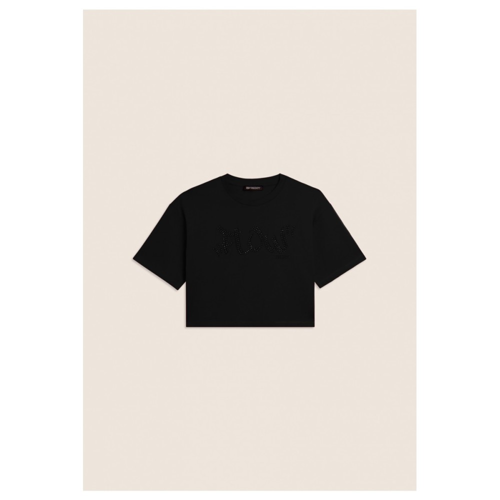 T-shirt Cropped con grafica \"FLOW\" e borchie