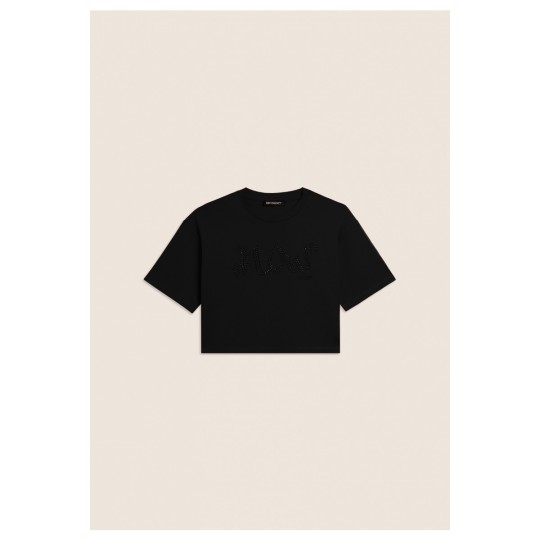 T-shirt Cropped con grafica \"FLOW\" e borchie