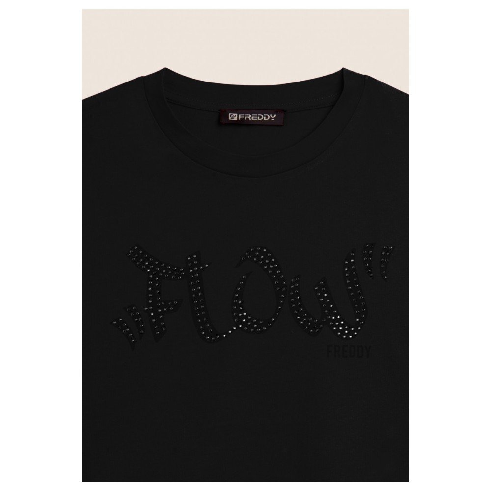 T-shirt Cropped con grafica \"FLOW\" e borchie
