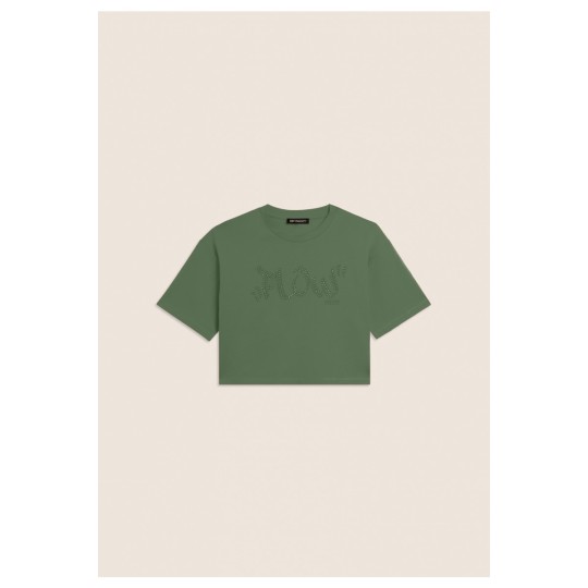 T-shirt Cropped con grafica \"FLOW\" e borchie
