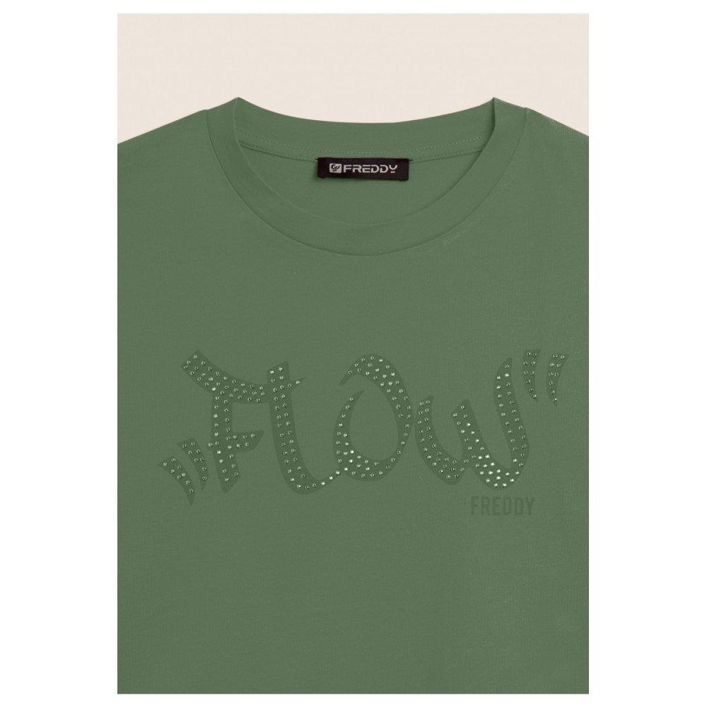 T-shirt Cropped con grafica \"FLOW\" e borchie