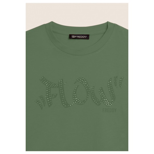 T-shirt Cropped con grafica \"FLOW\" e borchie