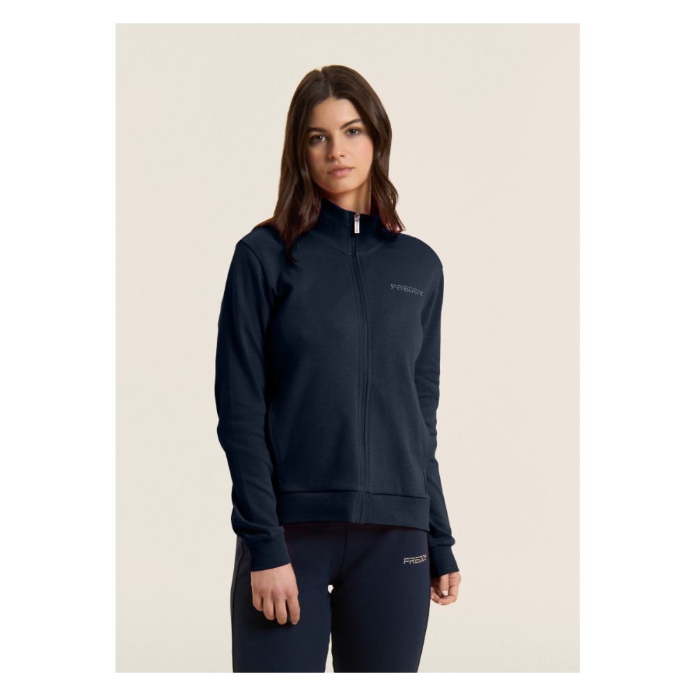 Tuta con zip e collo alto, logo in perline