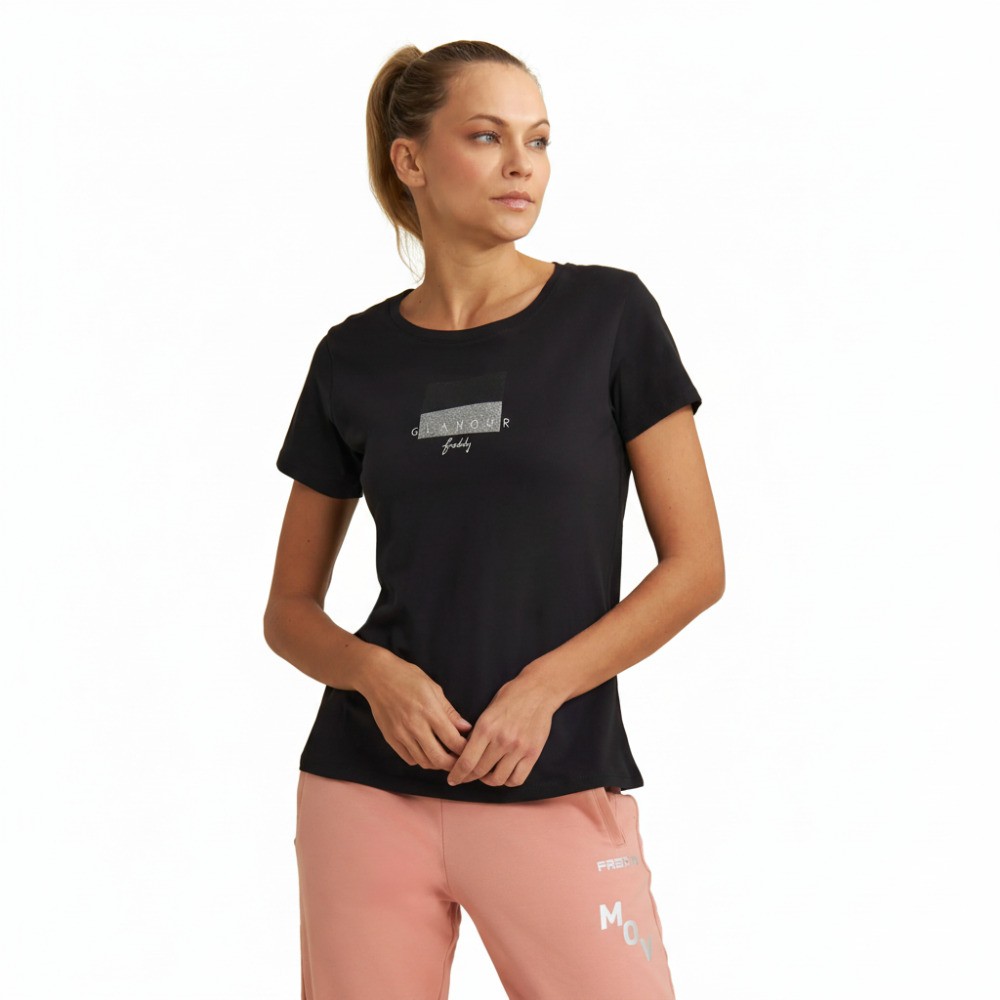 T-shirt con scritta Glamour in glitter
