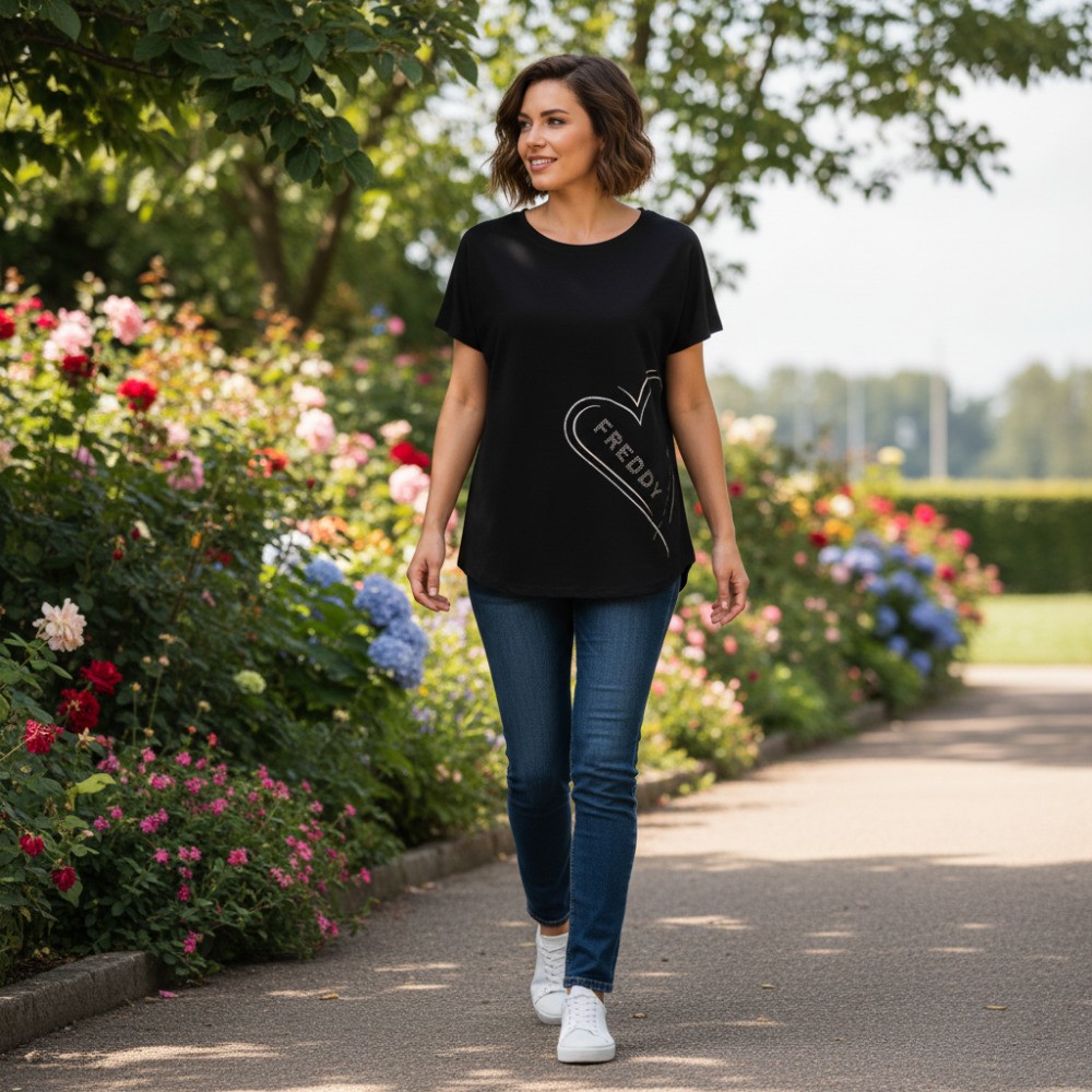 T-shirt Reversibile Freddy Cuore e Strass - Nero - Donna