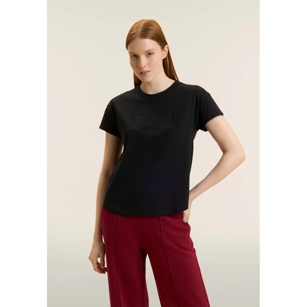 T-shirt con Maniche ad Aletta e Logo Ricamato