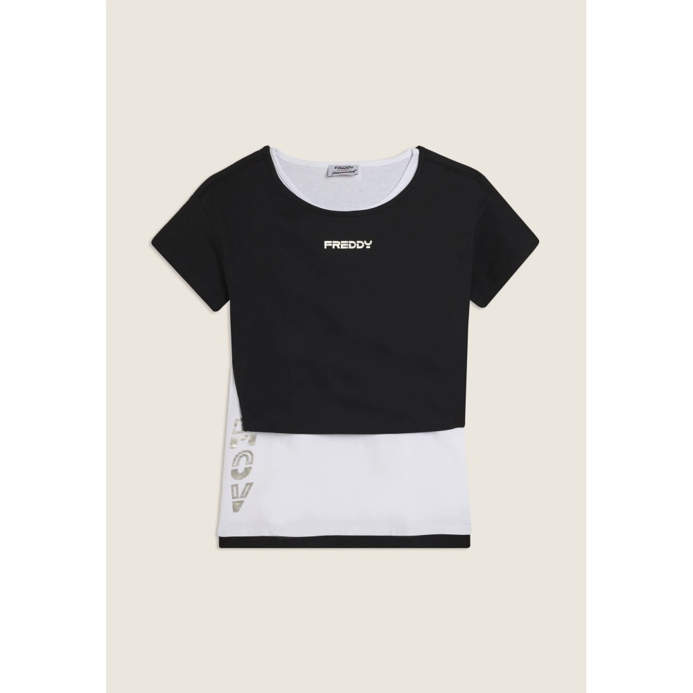 Completo t-shirt cropped e canotta con stampa perlata