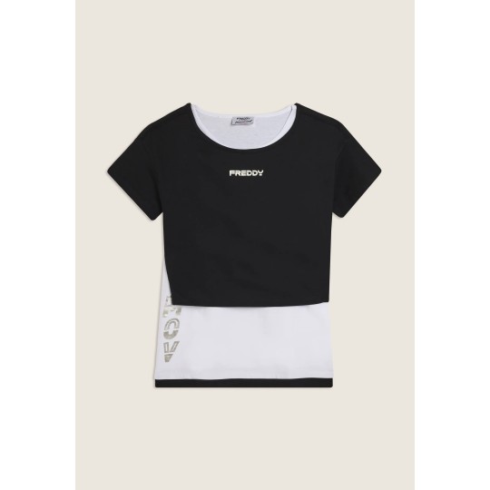 Completo t-shirt cropped e canotta con stampa perlata