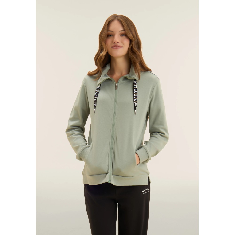 Tuta con zip e collo alto, pantaloni wide leg